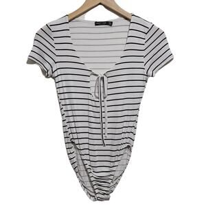 Nasty Gal Your Good Hole Striped Tie Front Bodysuit Black White Size 2